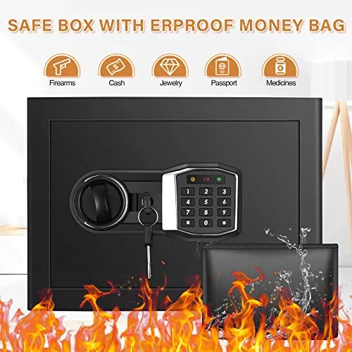 1.2 Cub Home Safe Fireproof Waterproof, Digital Home Security Safe Box with Fireproof Money Bag, Digital Keypad and Spare Keys, Small Fireproof Safe for Home Jewellery Money Valuables