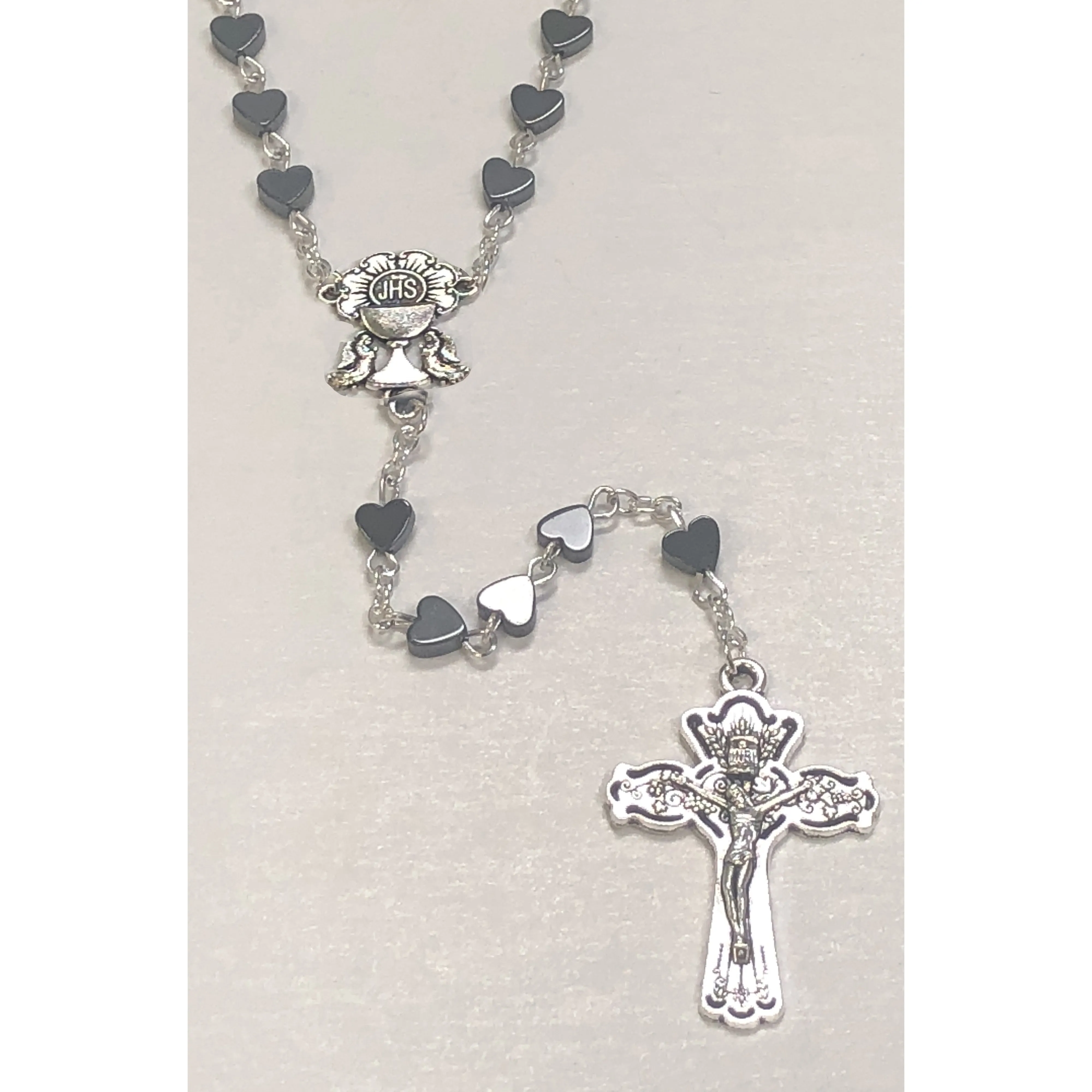6mm First Communion Heart Shaped Black Hematite Rosary Silver Toned Chalice Center