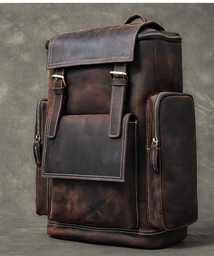 Brown Leather Mens 15" Laptop Backpack Travel Backpack Coffee College Backpack for Men