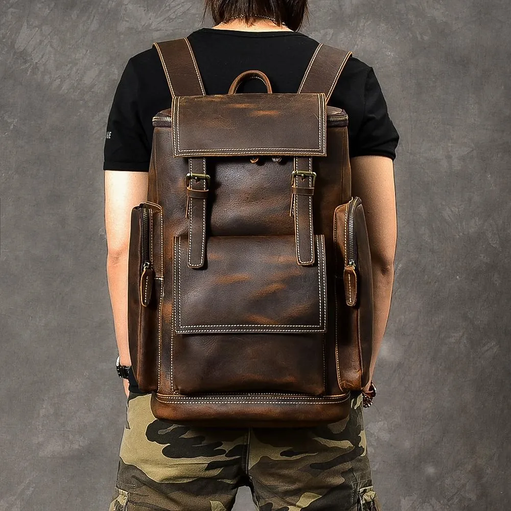 Brown Leather Mens 15" Laptop Backpack Travel Backpack Coffee College Backpack for Men