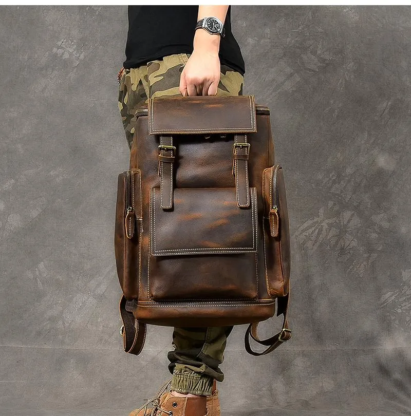 Brown Leather Mens 15" Laptop Backpack Travel Backpack Coffee College Backpack for Men