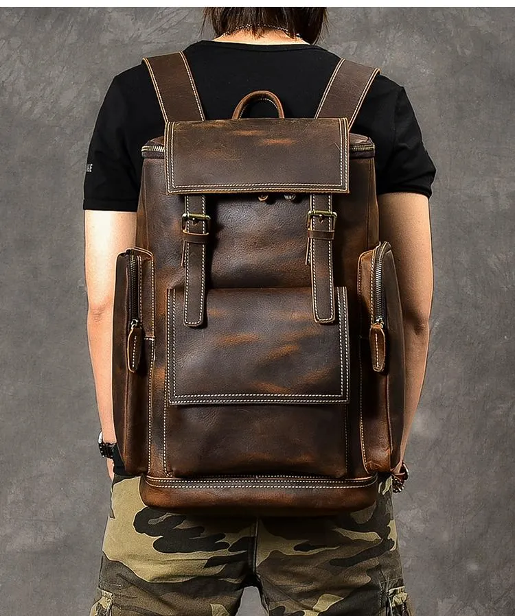 Brown Leather Mens 15" Laptop Backpack Travel Backpack Coffee College Backpack for Men