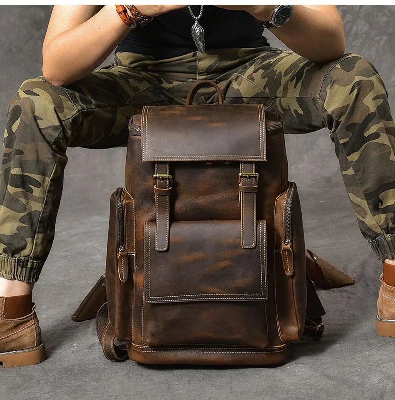 Brown Leather Mens 15" Laptop Backpack Travel Backpack Coffee College Backpack for Men