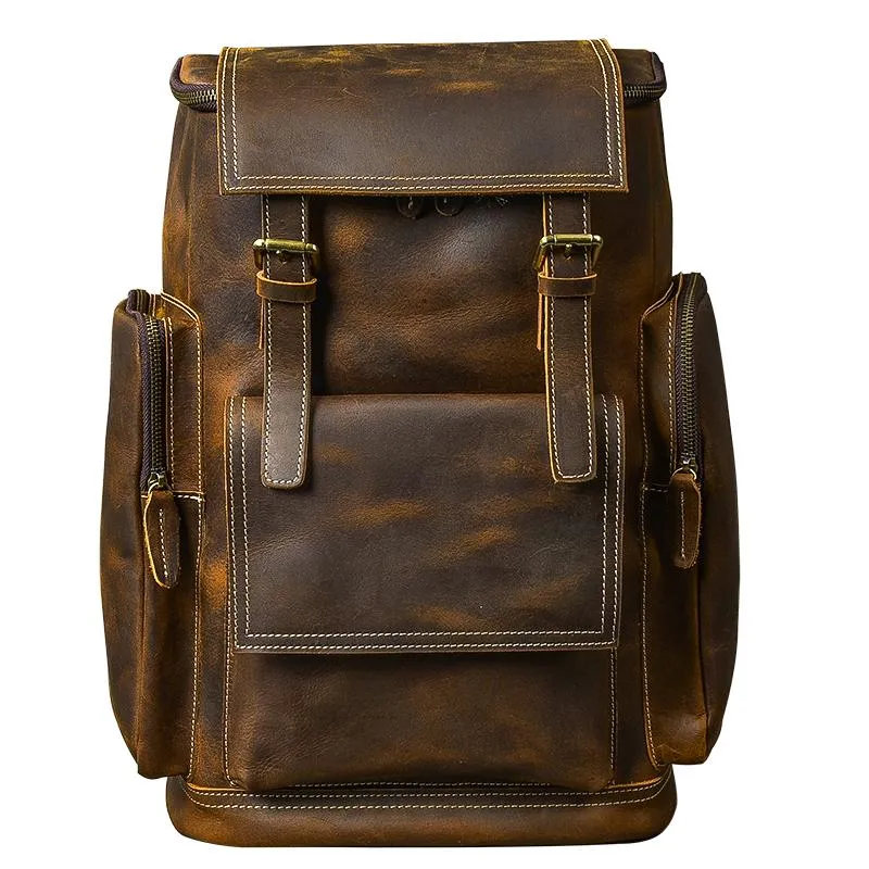 Brown Leather Mens 15" Laptop Backpack Travel Backpack Coffee College Backpack for Men