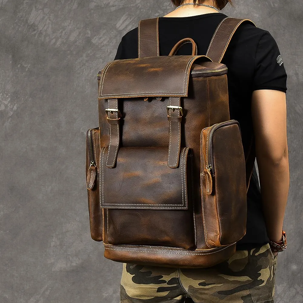 Brown Leather Mens 15" Laptop Backpack Travel Backpack Coffee College Backpack for Men