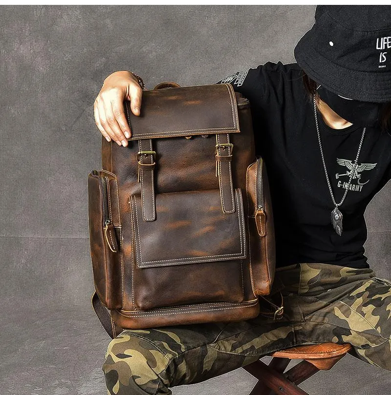 Brown Leather Mens 15" Laptop Backpack Travel Backpack Coffee College Backpack for Men