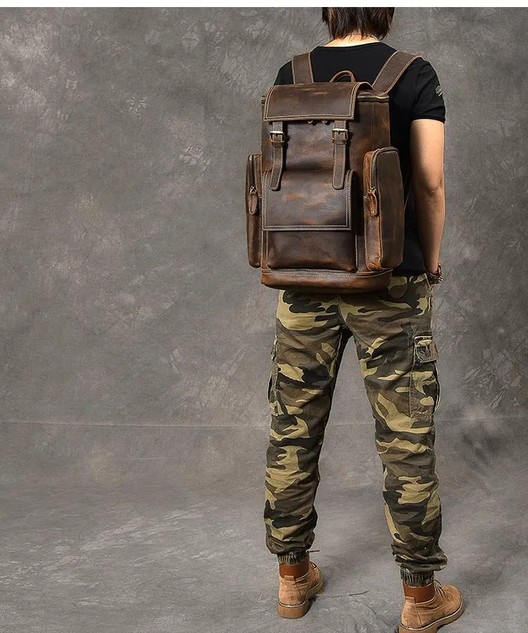Brown Leather Mens 15" Laptop Backpack Travel Backpack Coffee College Backpack for Men