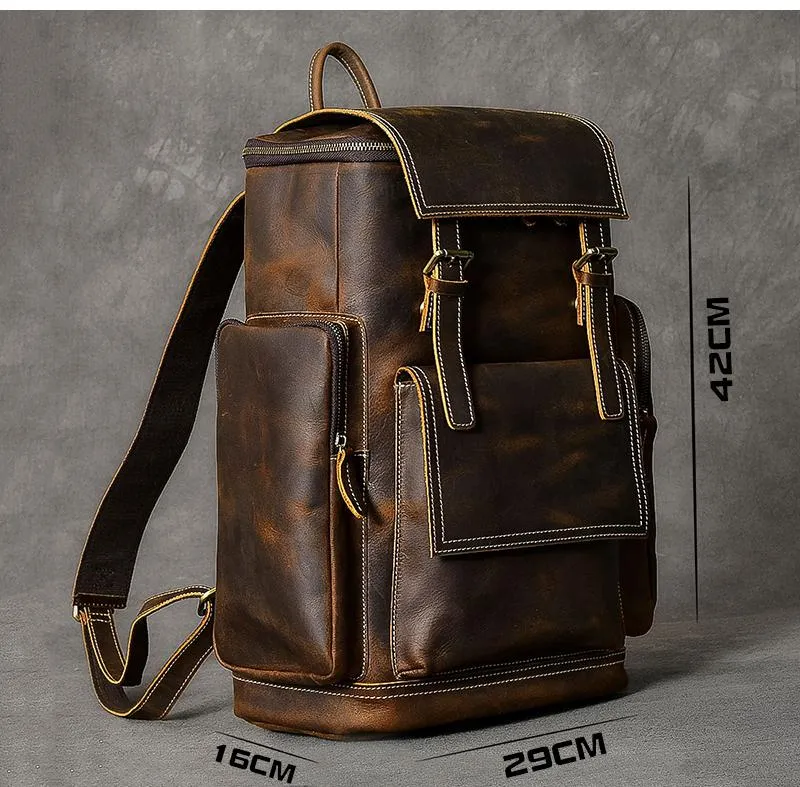Brown Leather Mens 15" Laptop Backpack Travel Backpack Coffee College Backpack for Men