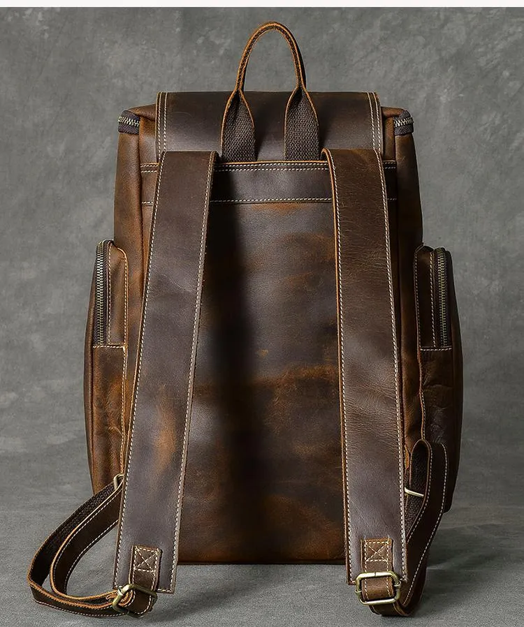 Brown Leather Mens 15" Laptop Backpack Travel Backpack Coffee College Backpack for Men