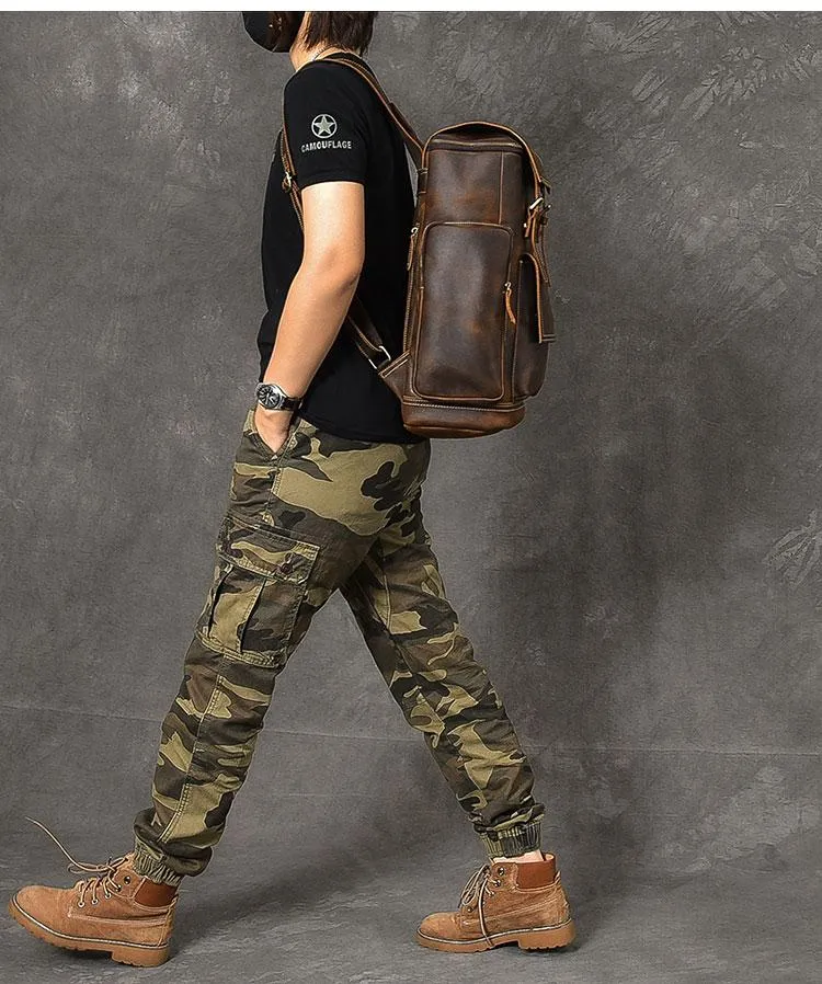 Brown Leather Mens 15" Laptop Backpack Travel Backpack Coffee College Backpack for Men