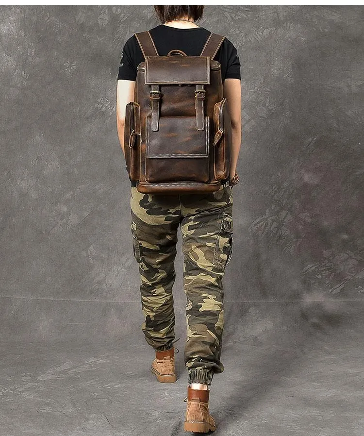 Brown Leather Mens 15" Laptop Backpack Travel Backpack Coffee College Backpack for Men