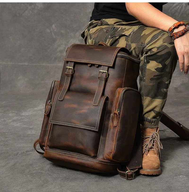 Brown Leather Mens 15" Laptop Backpack Travel Backpack Coffee College Backpack for Men