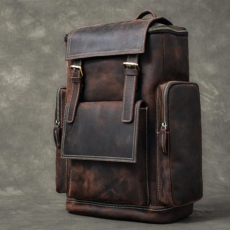 Brown Leather Mens 15" Laptop Backpack Travel Backpack Coffee College Backpack for Men