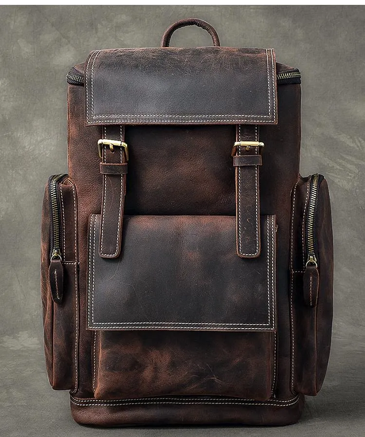 Brown Leather Mens 15" Laptop Backpack Travel Backpack Coffee College Backpack for Men