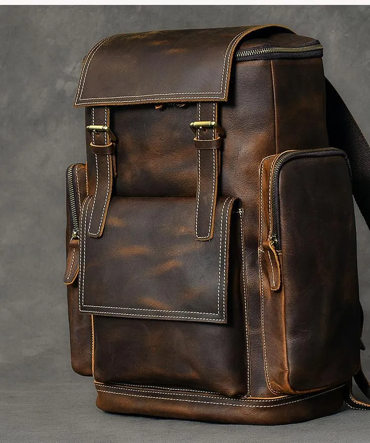 Brown Leather Mens 15" Laptop Backpack Travel Backpack Coffee College Backpack for Men